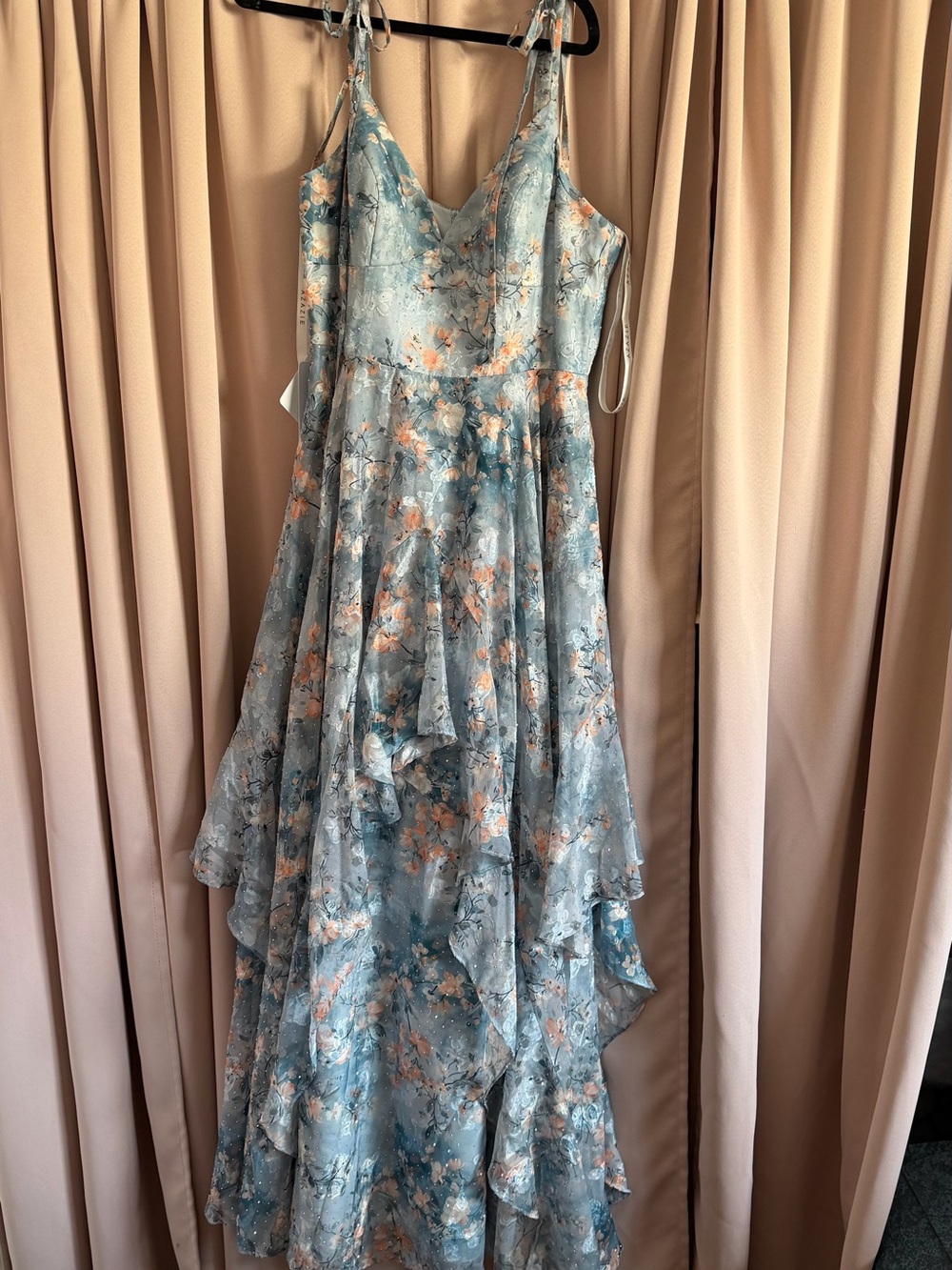 Azazie Blue Floral V-Neck Tie-Strap Maxi Dress - Picture 9 of 10